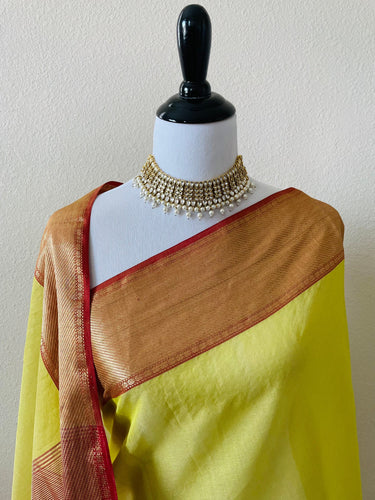 Maheshwari Cotton Tissue Silk Saree | Handloom Mark | Yellowish Green with Red Border | Ships from California